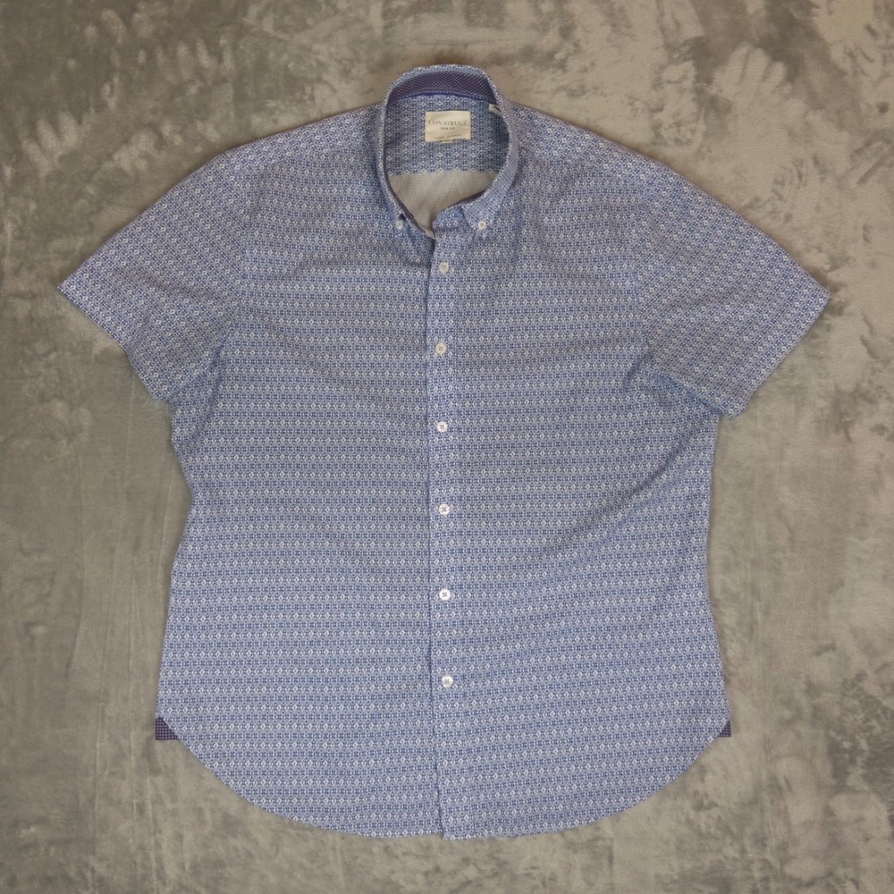 CON.STRUCT Button Down Shirt Mens L Blue Geometric Slim Fit 4-Way Stretch Casual